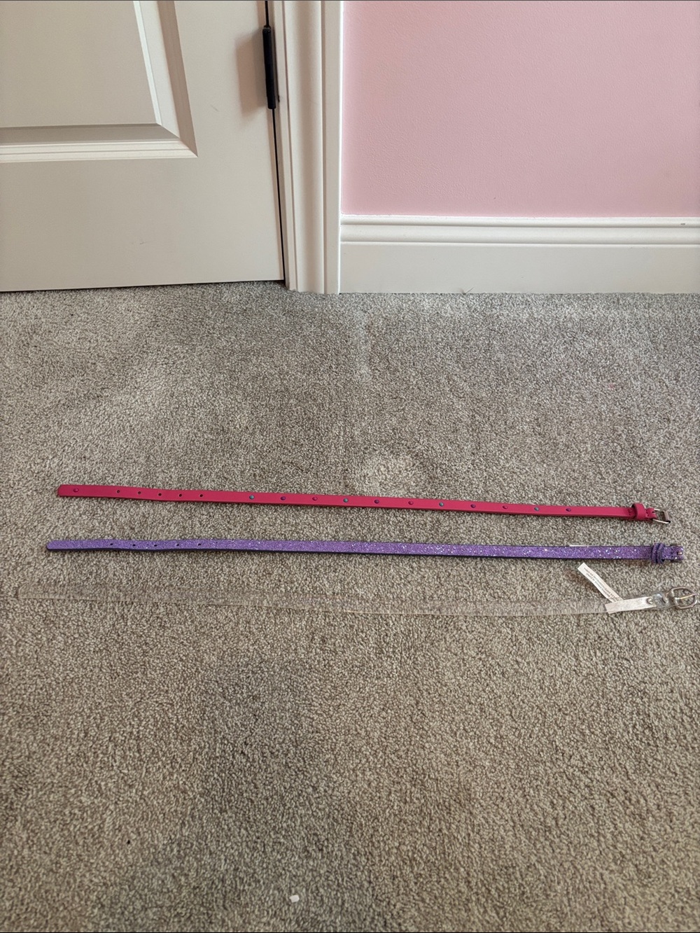 Set of Three Thin Girls Belts in Pink, Purple, and Clear